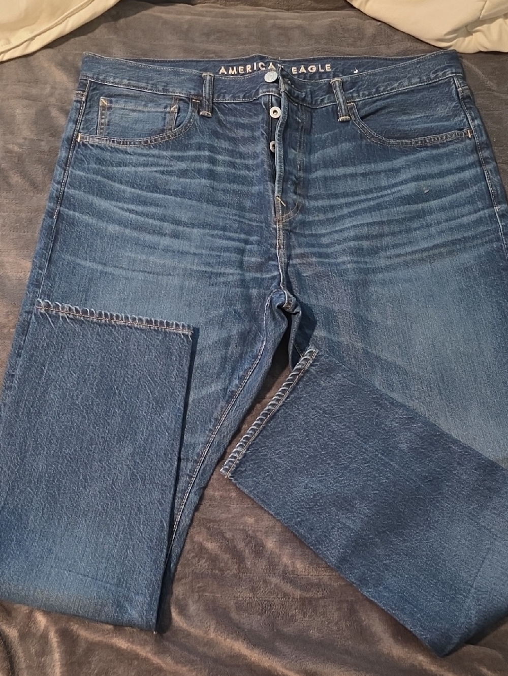 American Eagle Outfitters Men's Medium Blue Straight Jeans with Button Fly